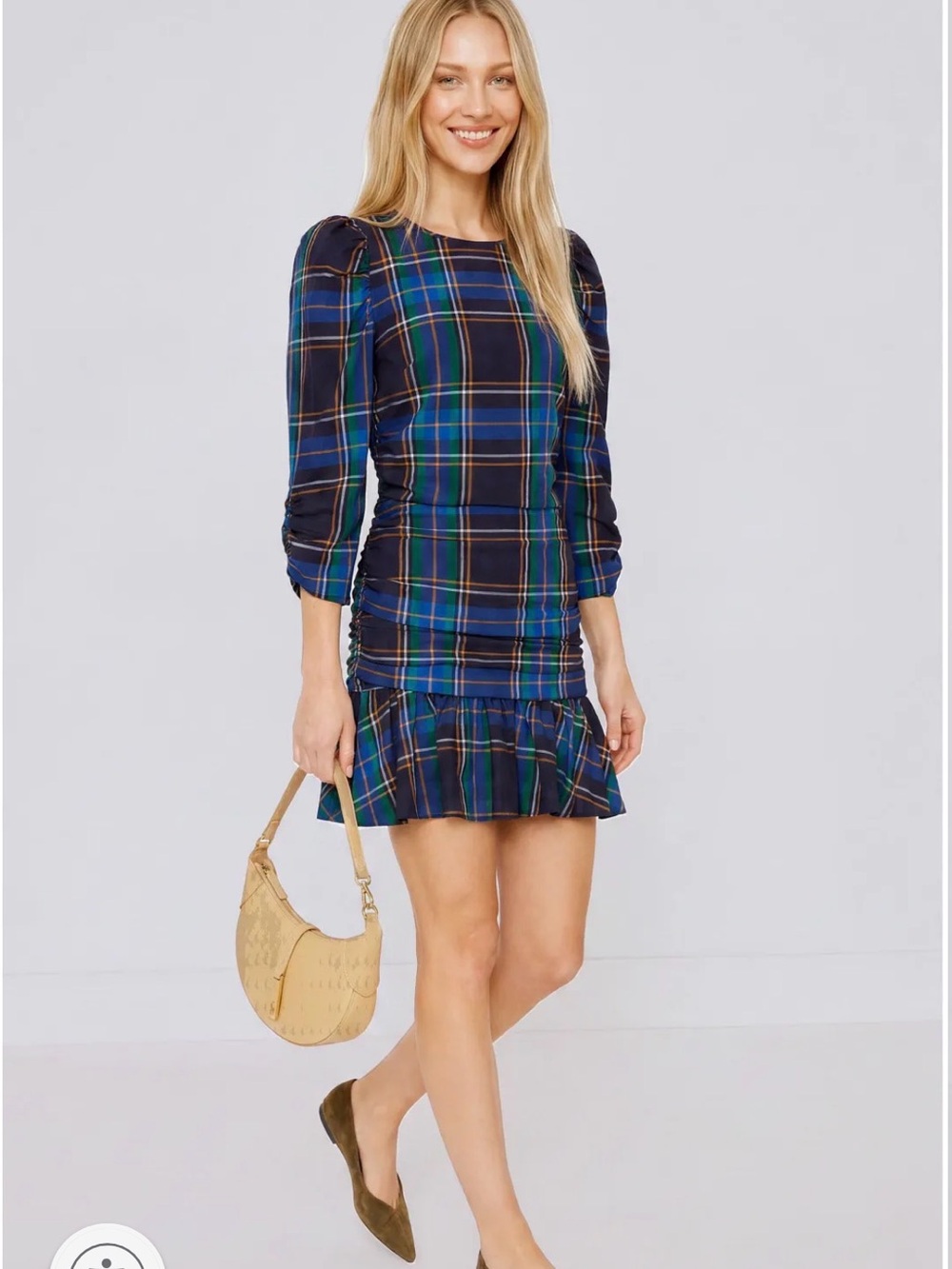 Tanya Taylor Raven Plaid Ruffle-Hem Dress Blue Green